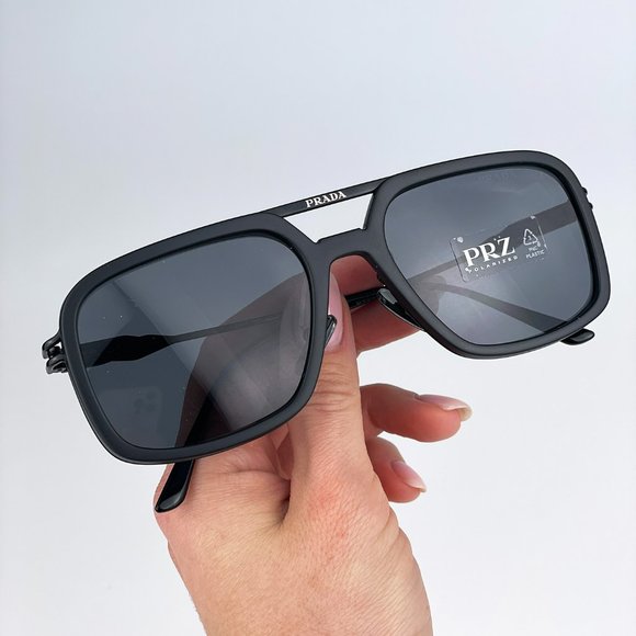 Prada PR57ZS 1BO5Z1 Sunglasses Matte Black Polarized Grey Pilot Metal Unisex - Picture 3 of 9